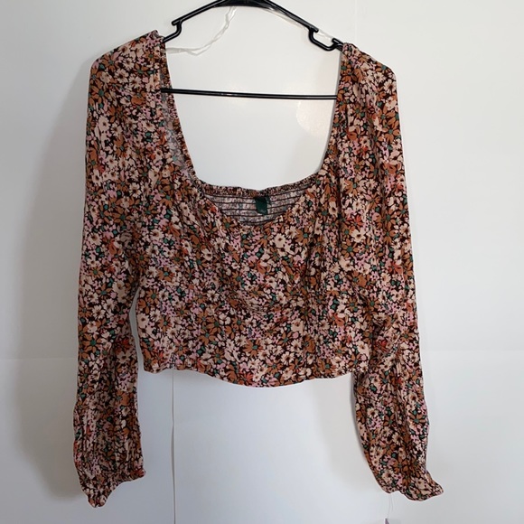 Wild Fable floral boho smocked puff sleeve cropped top size XL brown - Picture 5 of 11